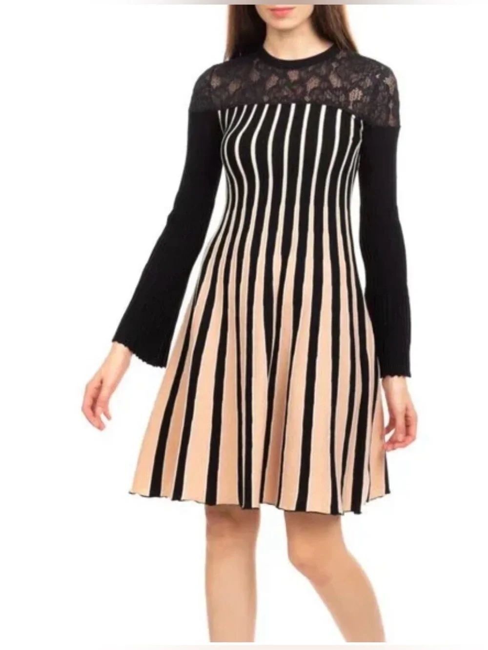 Twin-Set Black and Beige Striped Lace-Yoke Long Sleeve Dress M